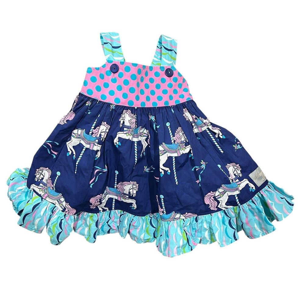 Eleanor Rose Blue Pink Polka Dot Carousel Dress Ruffle Sz 1-2yr Cute 80% Cotton
